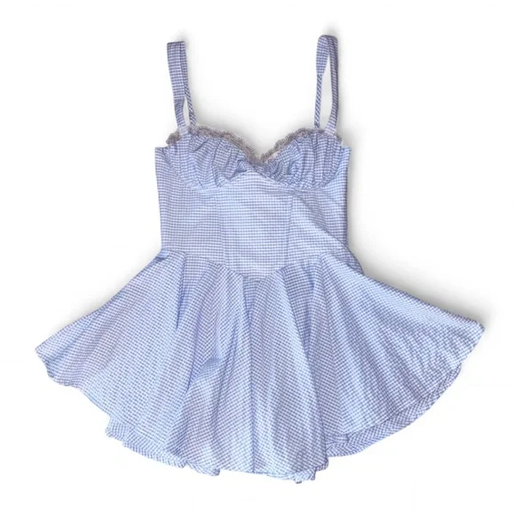 American Threads Blue and white gingham babydoll dress with ruffled bust - Picture 1 of 4
